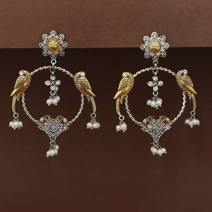 Jianna Flower Dual Tone Pearl Twin Bird Circle Earring