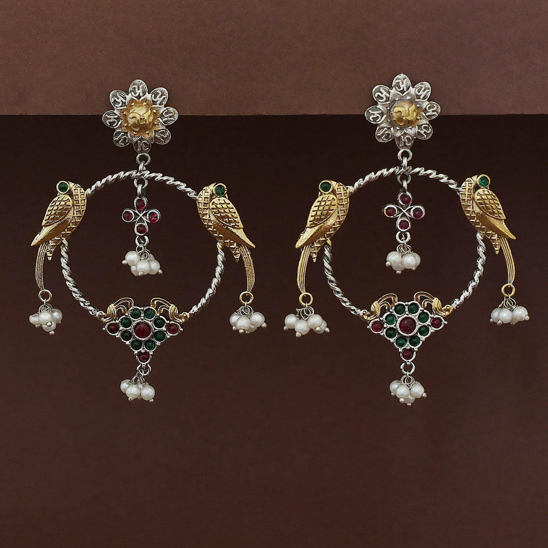 Jianna Flower Dual Tone Pearl Twin Bird Circle Earring