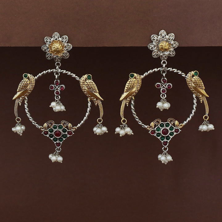 Jianna Flower Dual Tone Pearl Twin Bird Circle Earring