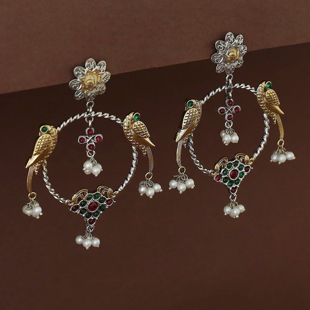 Jianna Flower Dual Tone Pearl Twin Bird Circle Earring