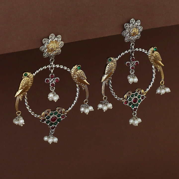 Jianna Flower Dual Tone Pearl Twin Bird Circle Earring