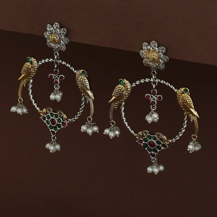 Jianna Flower Dual Tone Pearl Twin Bird Circle Earring