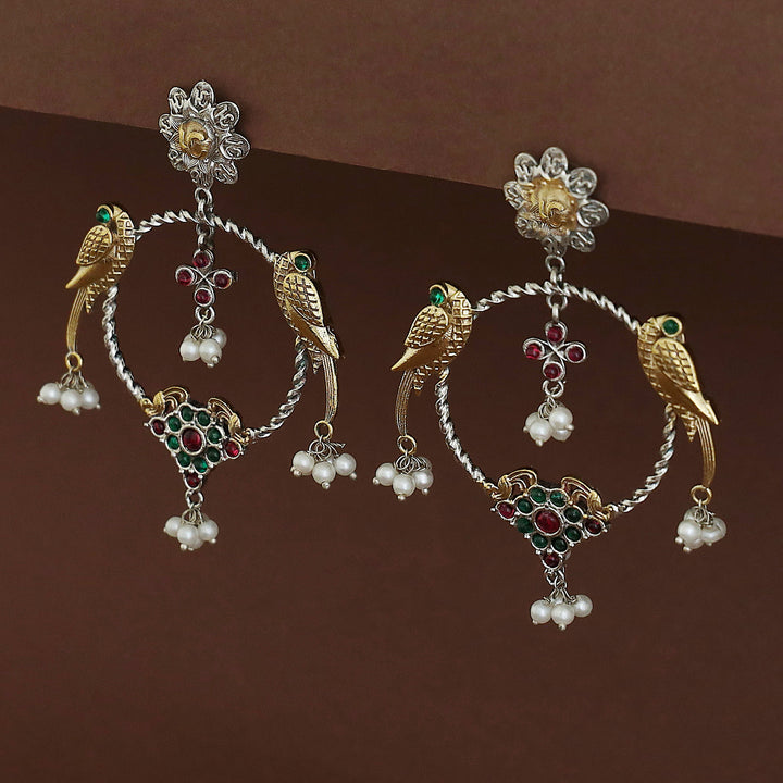 Jianna Flower Dual Tone Pearl Twin Bird Circle Earring