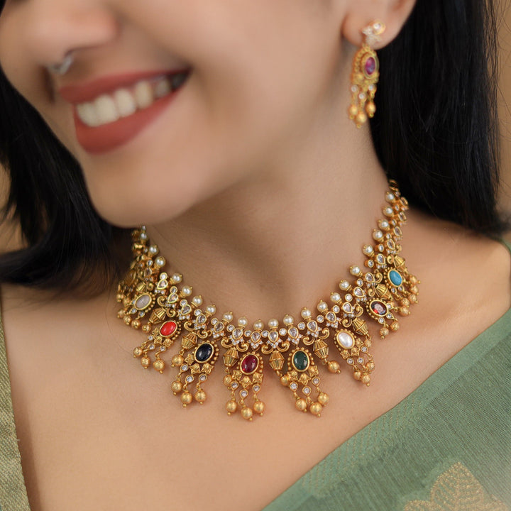 Premium Saisha Pearl Navratna Neckpiece With Earring