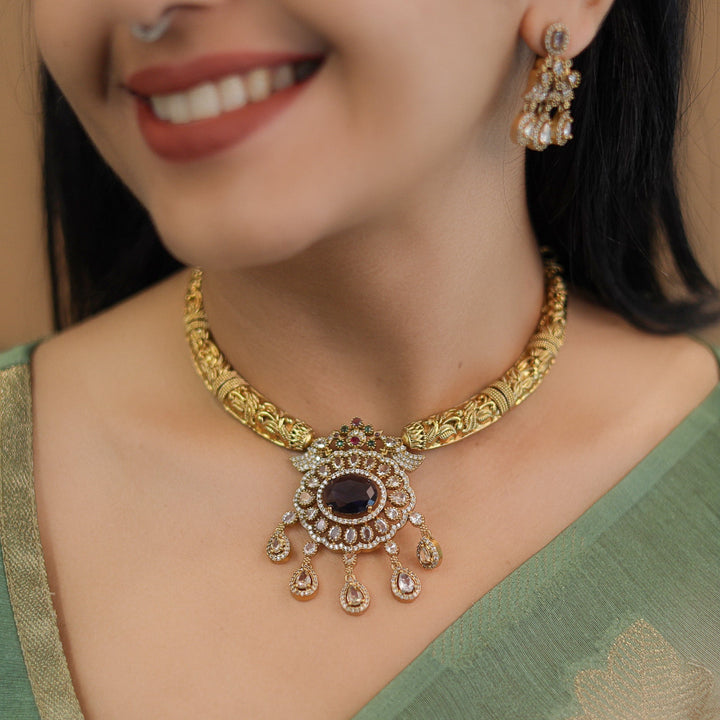 Riddhisha AD Stone Stiff Wing Neckpiece With Earring