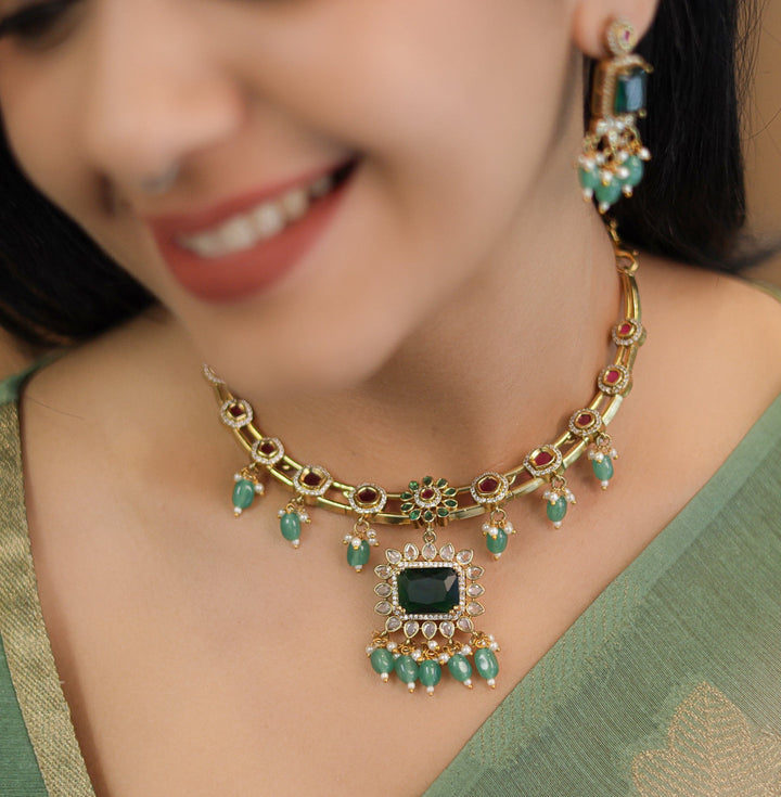 Mehar AD Stone Stiff Neckpiece With Earring