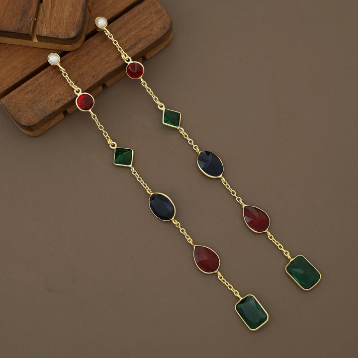 Golden Chainy Long Multishape Glossy Stone Earring