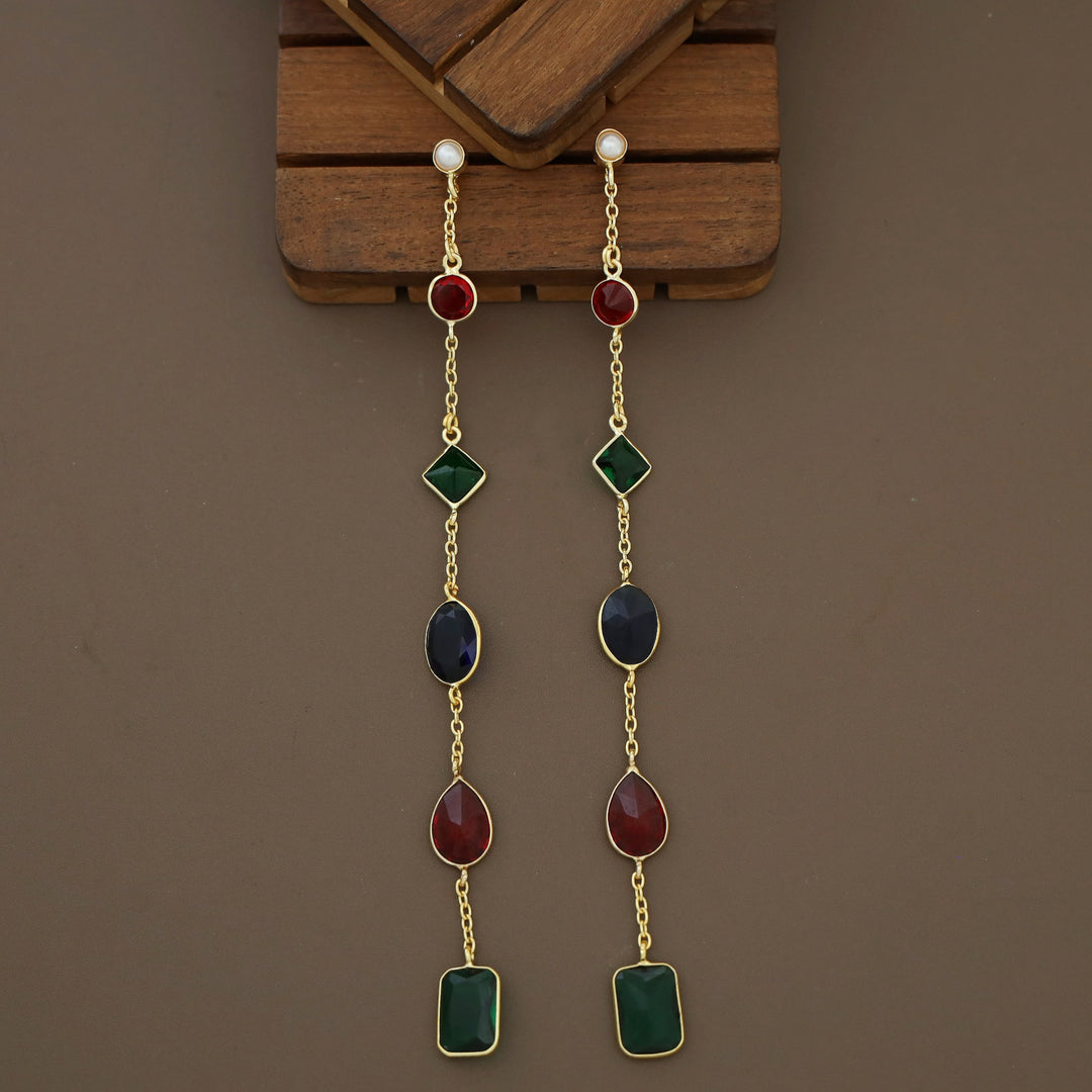 Golden Chainy Long Multishape Glossy Stone Earring