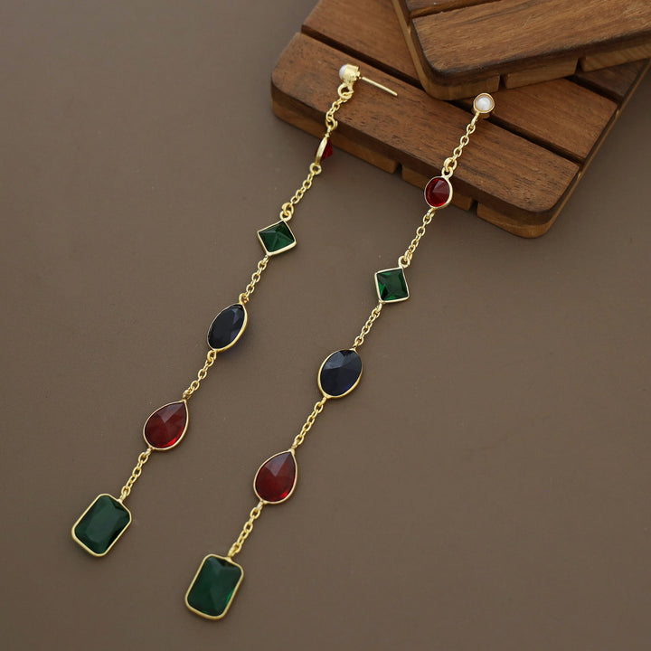 Golden Chainy Long Multishape Glossy Stone Earring