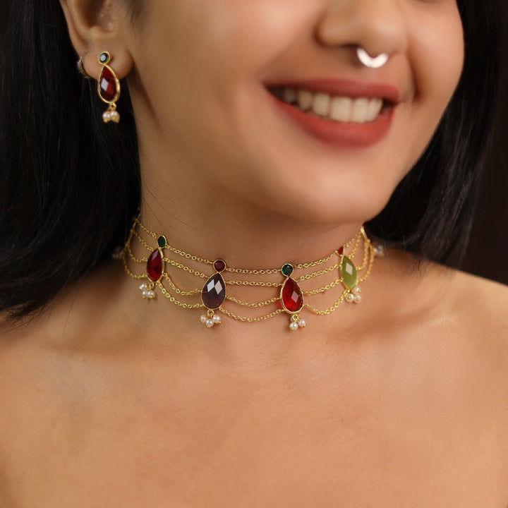 Yashita 4 Layer Glossy Pearl Choker/Neckpiece With Earring