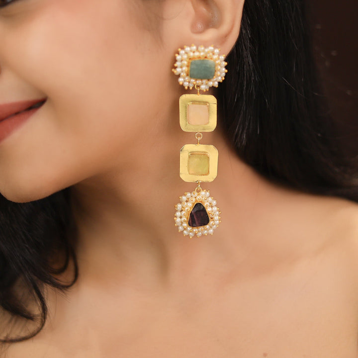 Multicolour Raw Stone Cluster Pearl Earring