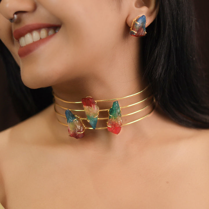 Tiffany 4 Layer Claw Tri Dyed Stone Neck Cuff With Stud