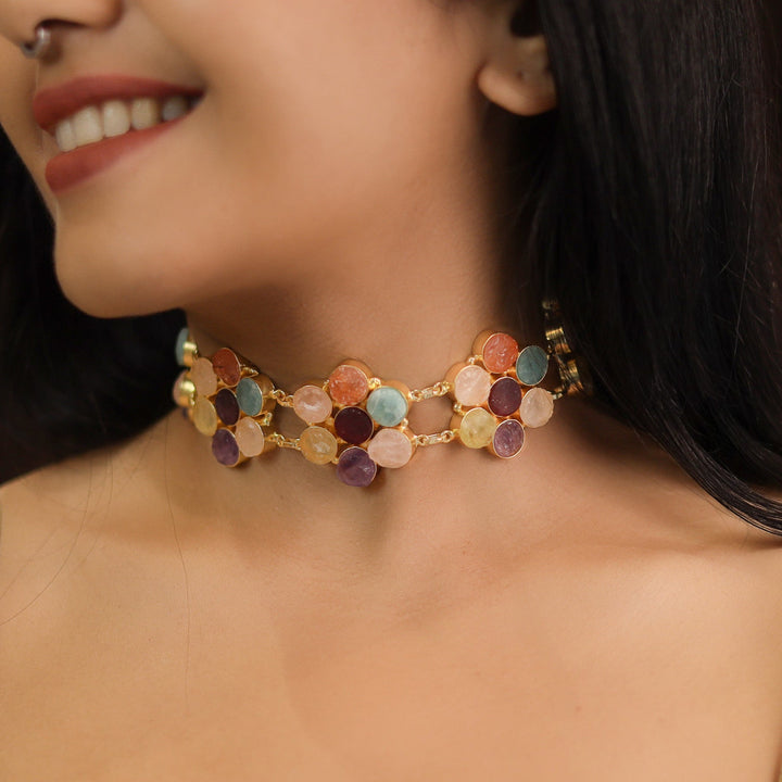 Multicolour Raw Stone Flower Choker
