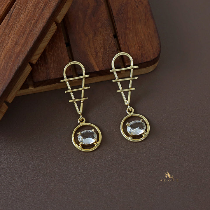 Golden Tri Line Drop Oval Glossy Claw Earring