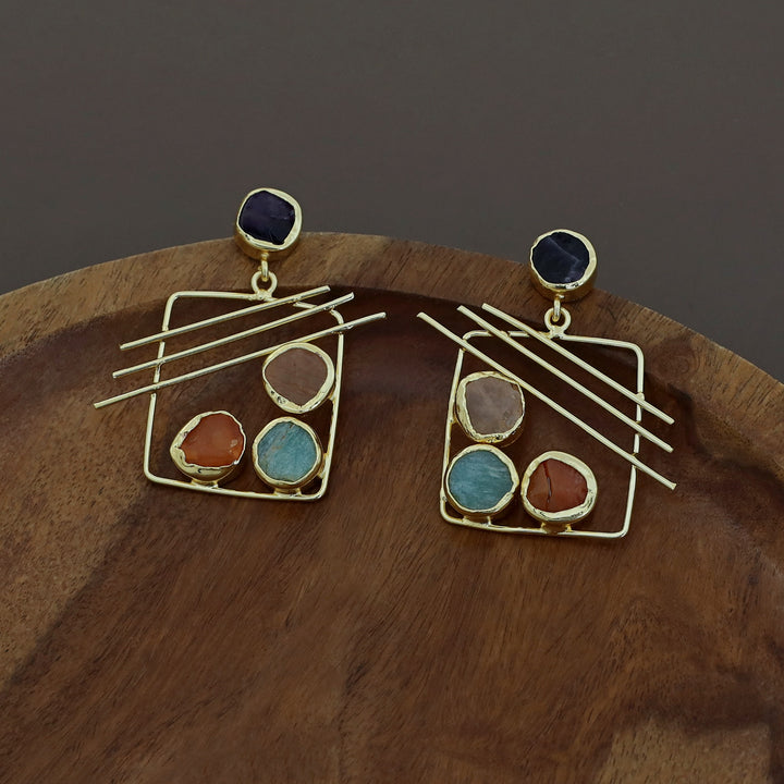 Golden Square Triple Line Raw Stone Earring