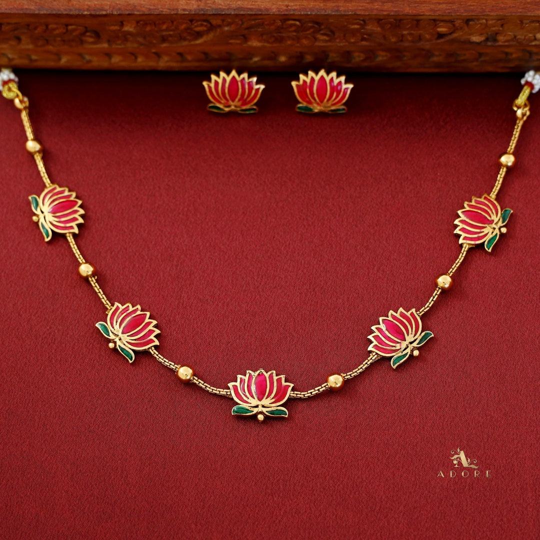 Golden Ball Advaita Enamel Lotus Short Neckpiece / Choker With Earring
