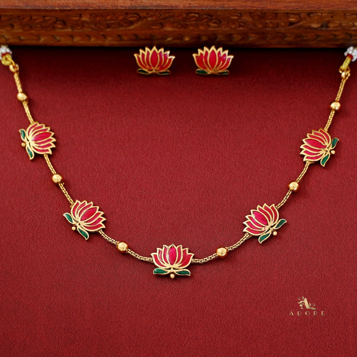 Golden Ball Advaita Enamel Lotus Short Neckpiece / Choker With Earring