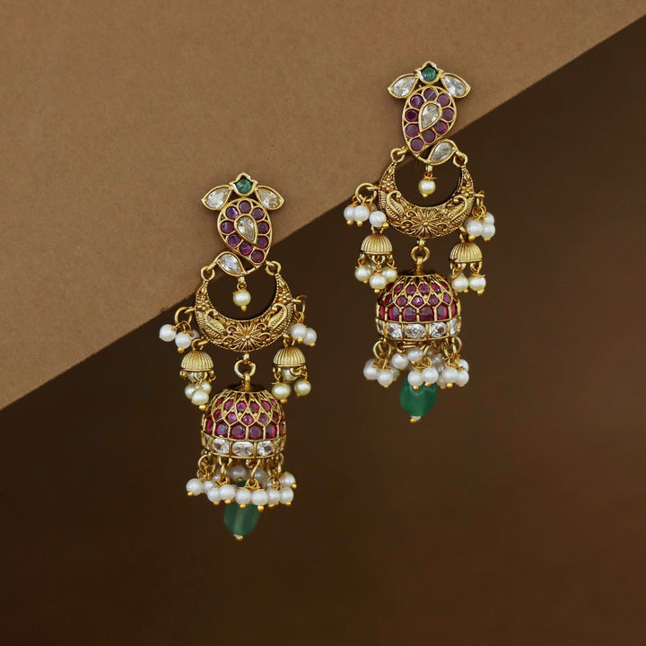 Navpreethi Half Moon Kemp Stone Cluster Pearl Jhumka