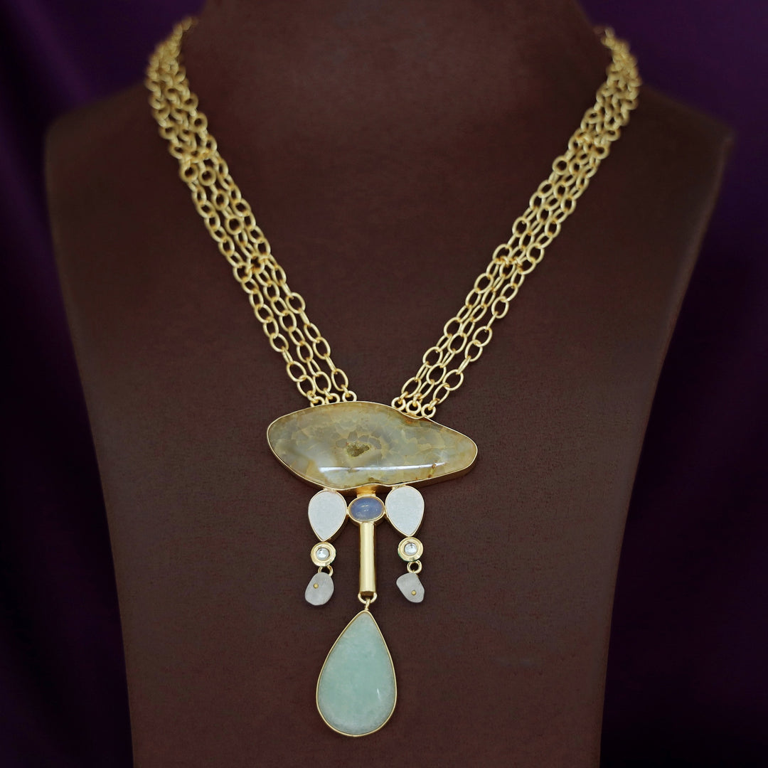 Nixi Agate + Raw Stone Chainy Neckpiece