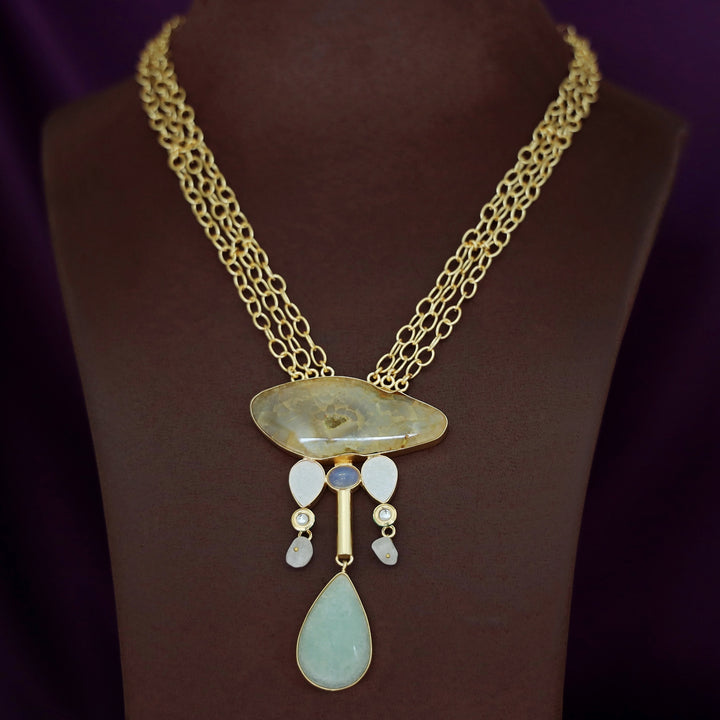 Nixi Agate + Raw Stone Chainy Neckpiece