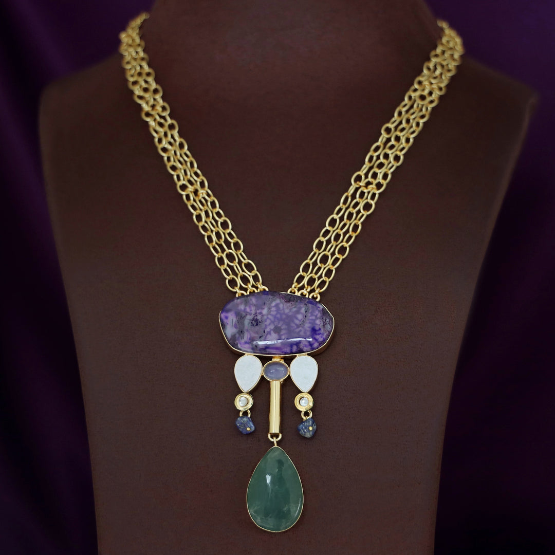 Nixi Agate + Raw Stone Chainy Neckpiece