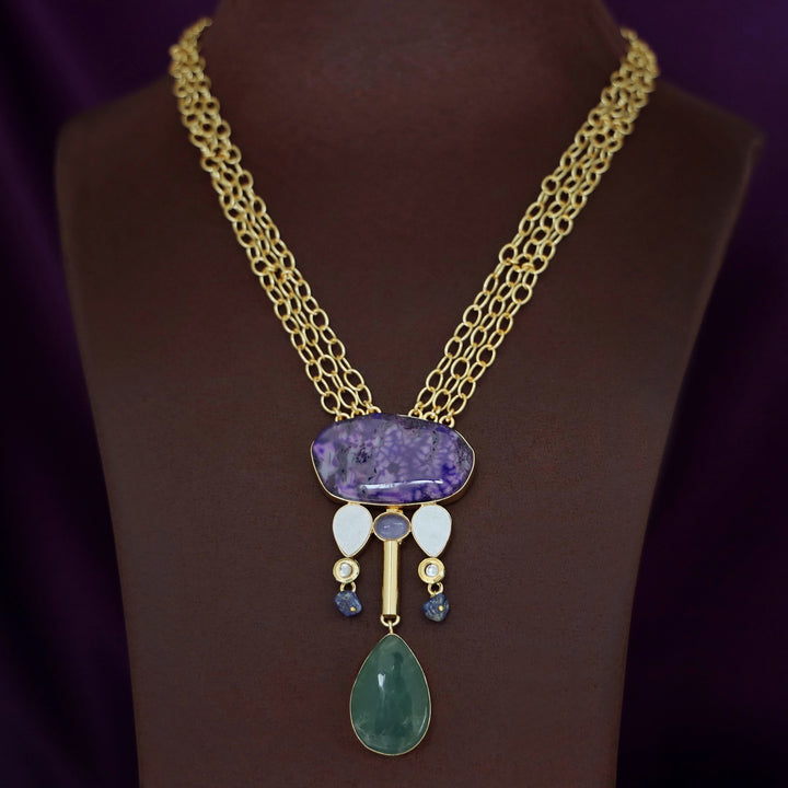 Nixi Agate + Raw Stone Chainy Neckpiece