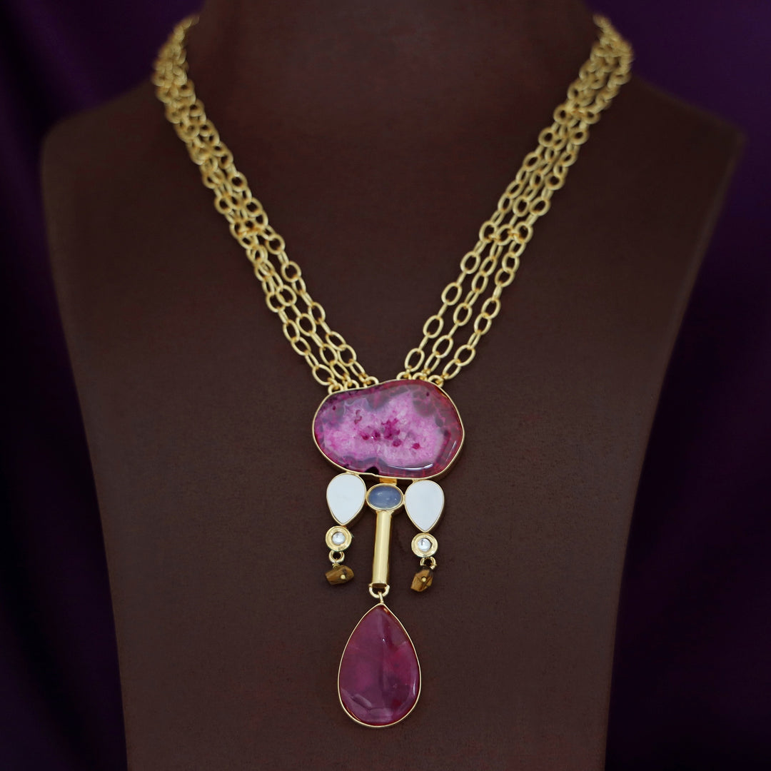 Nixi Agate + Raw Stone Chainy Neckpiece
