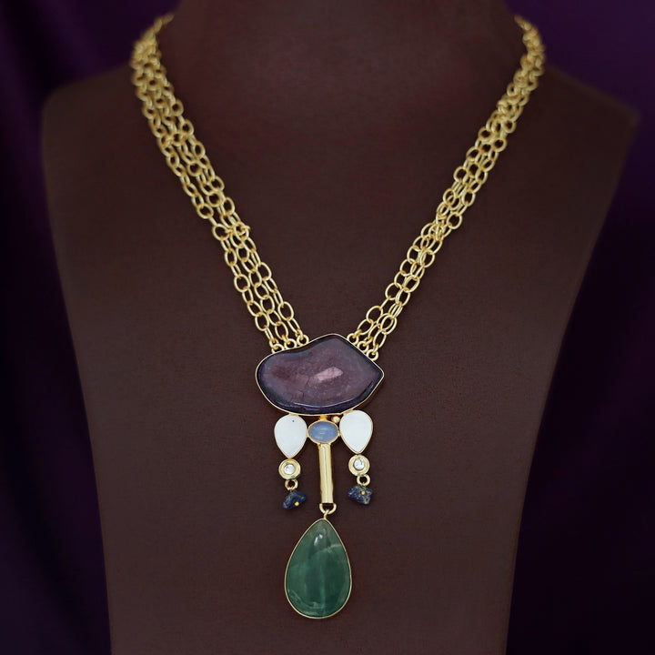 Nixi Agate + Raw Stone Chainy Neckpiece
