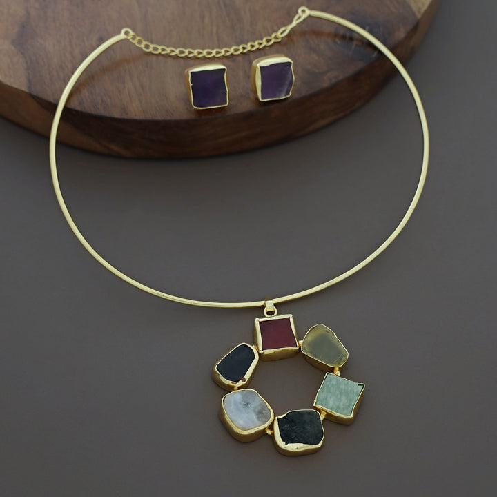 Raw Stone Golden Chakra Neck Cuff With Stud