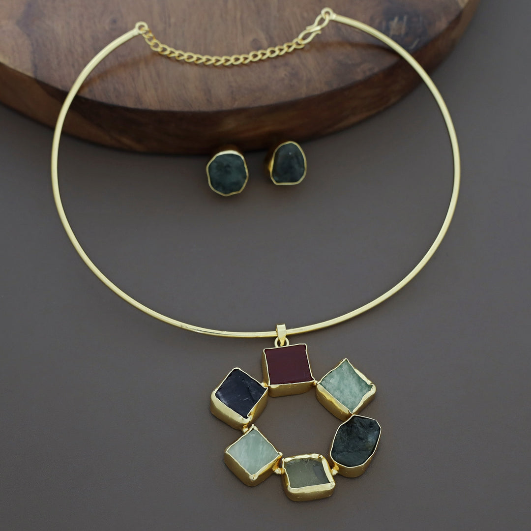 Raw Stone Golden Chakra Neck Cuff With Stud