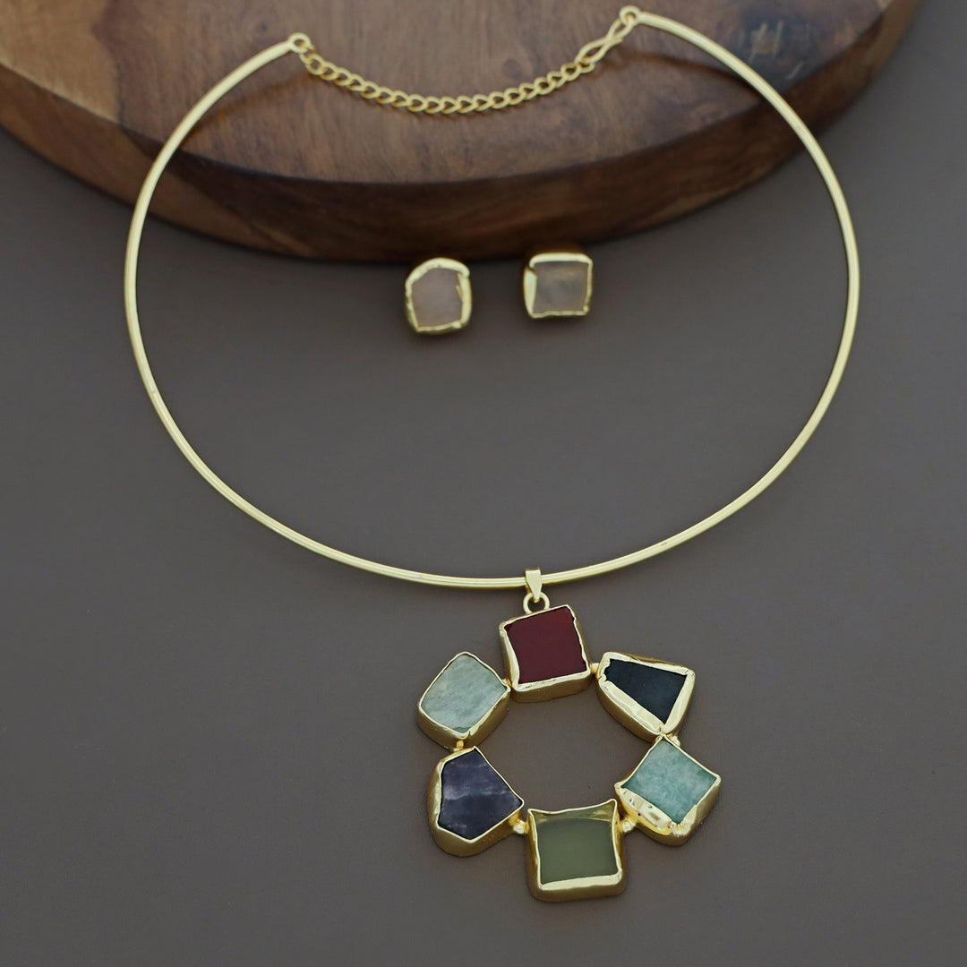 Raw Stone Golden Chakra Neck Cuff With Stud