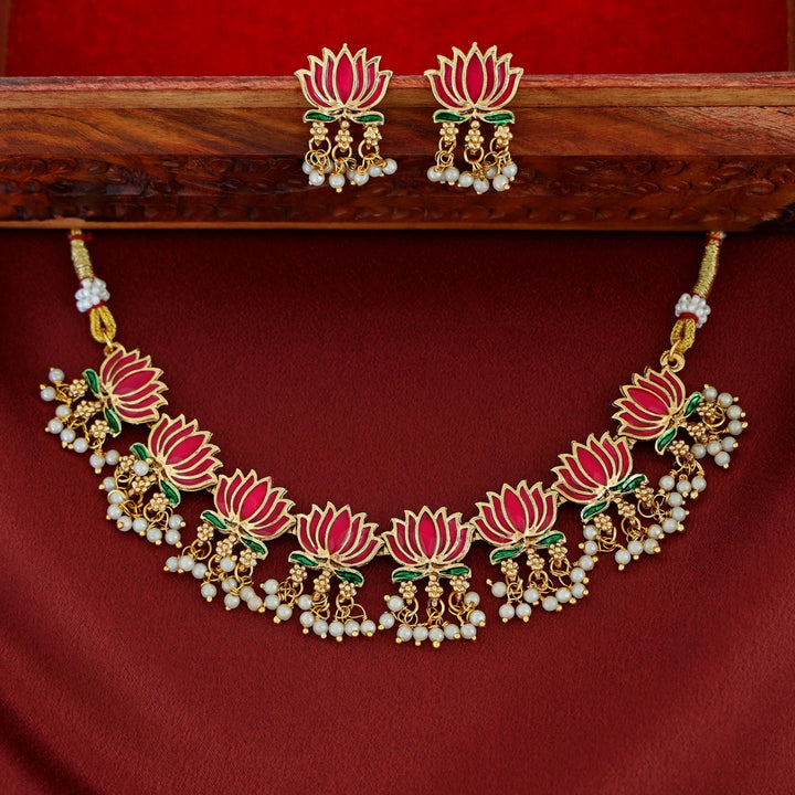 Advaita Enamel Lotus Pearl Short Neckpiece / Choker With Earring