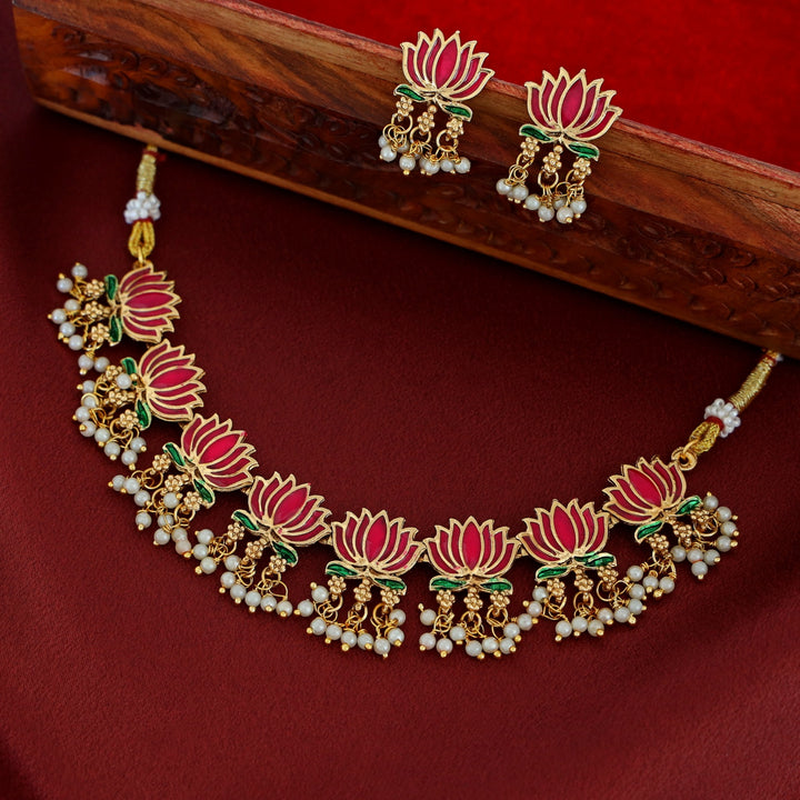 Advaita Enamel Lotus Pearl Short Neckpiece / Choker With Earring