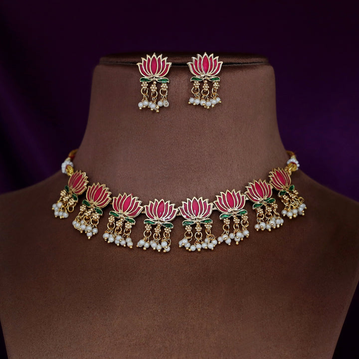 Advaita Enamel Lotus Pearl Short Neckpiece / Choker With Earring