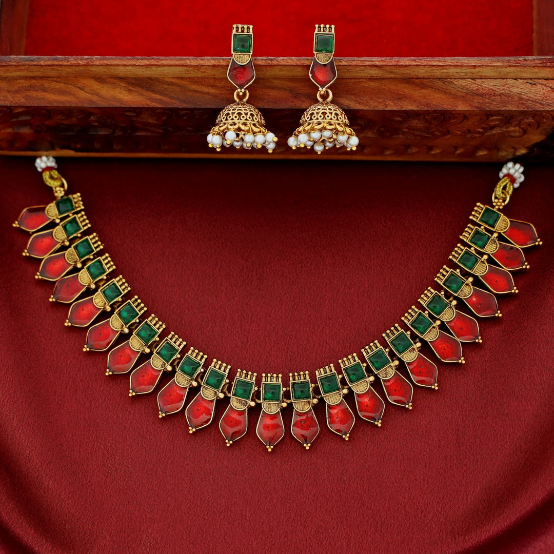 Apeksha Enamel Palakka Short Neckpiece With Earring