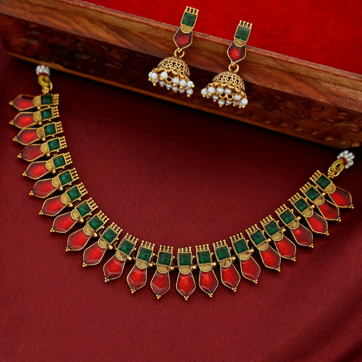 Apeksha Enamel Palakka Short Neckpiece With Earring