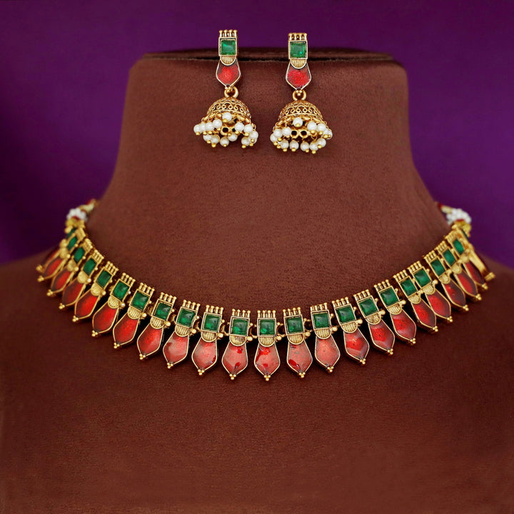 Apeksha Enamel Palakka Short Neckpiece With Earring