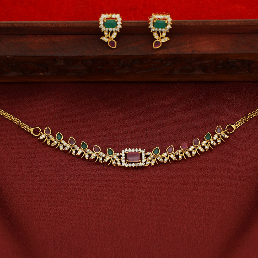 Pradvi Golden Glossy Flower Bud Rectangle Choker With Earring