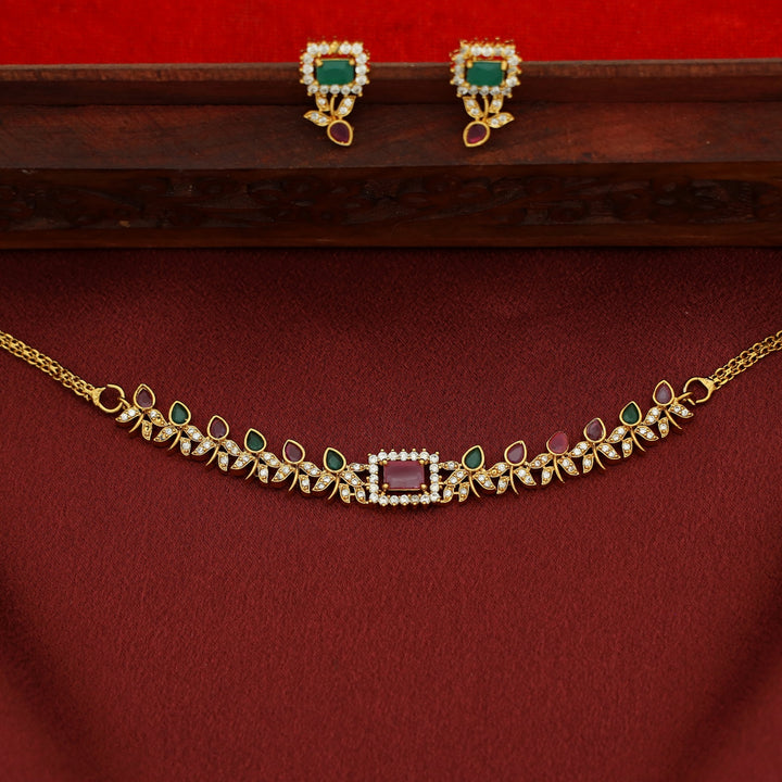 Pradvi Golden Glossy Flower Bud Rectangle Choker With Earring