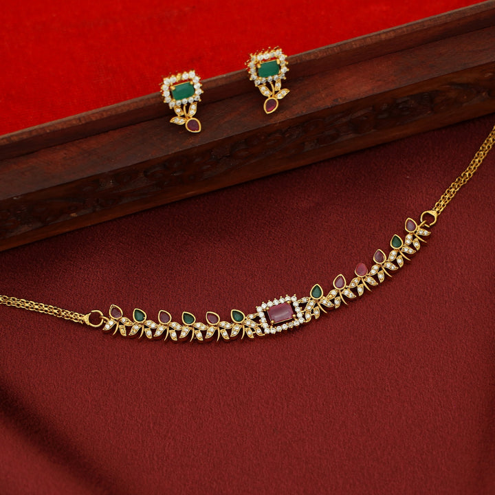 Pradvi Golden Glossy Flower Bud Rectangle Choker With Earring