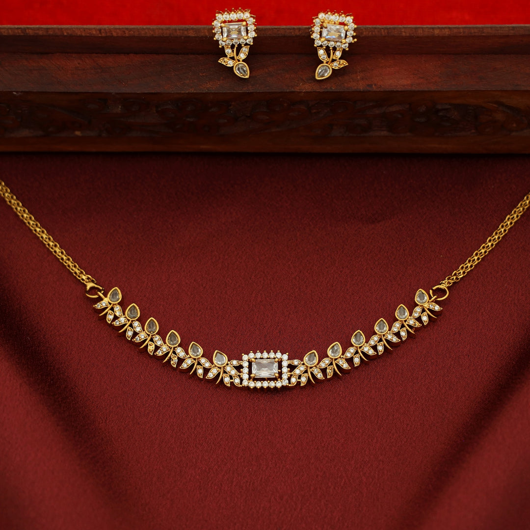 Pradvi Golden Glossy Flower Bud Rectangle Choker With Earring