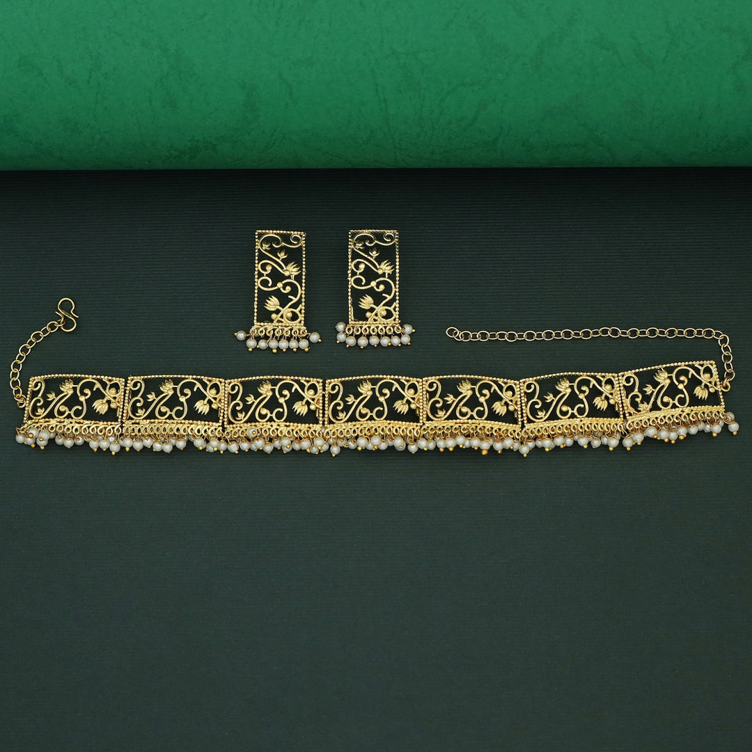 Tamasa Rectangle Filigree Cluster Pearl Choker With Earring