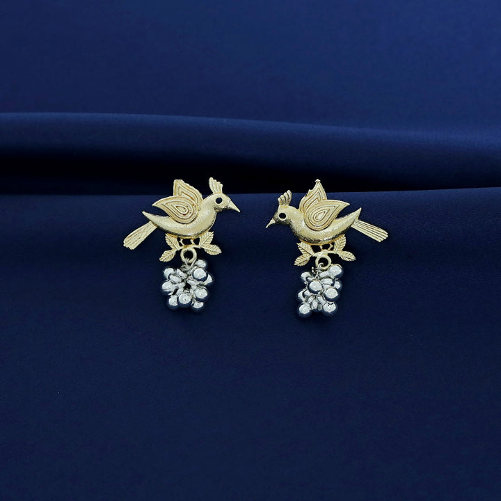 Dual Tone Golden Bird And Silver Beads Earring
