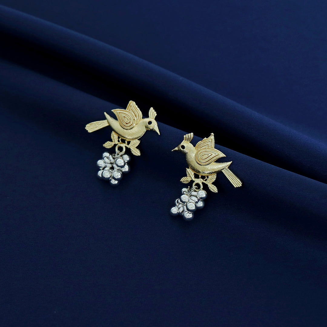 Dual Tone Golden Bird And Silver Beads Earring