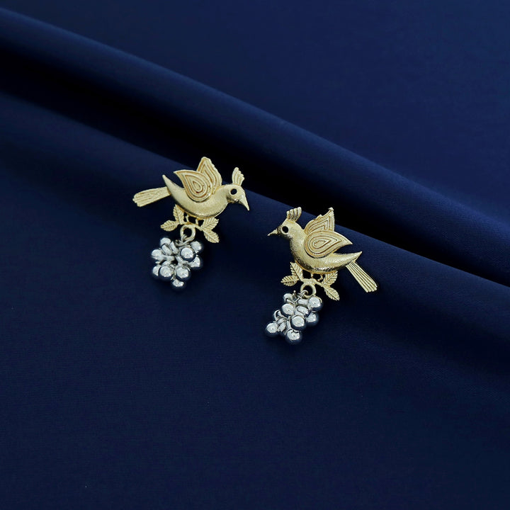 Dual Tone Golden Bird And Silver Beads Earring