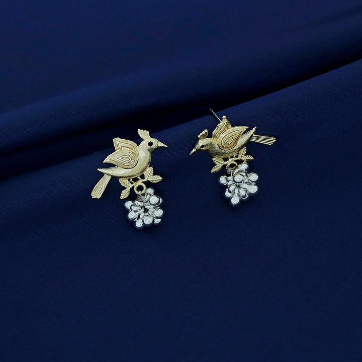 Dual Tone Golden Bird And Silver Beads Earring