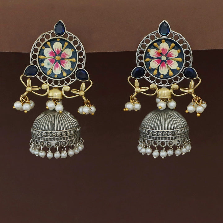 Kanakpriya Hand Painted Tri Glossy Pearl Jhumka