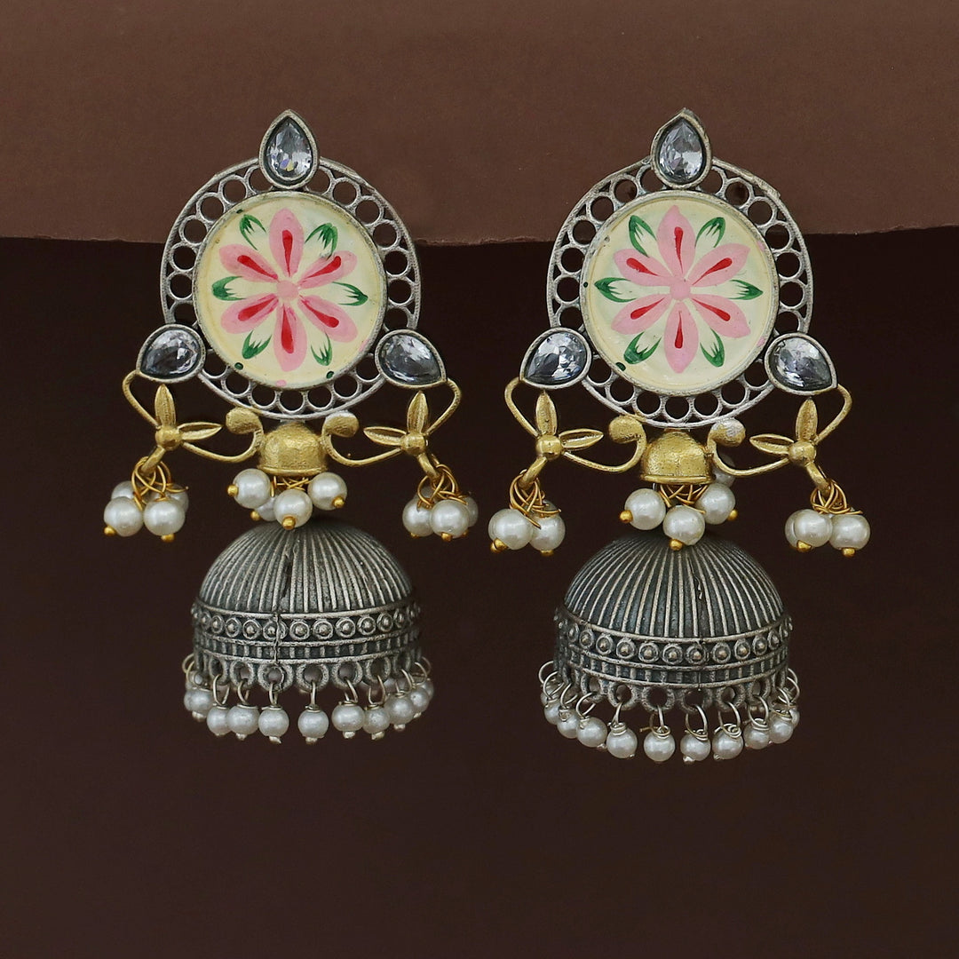 Kanakpriya Hand Painted Tri Glossy Pearl Jhumka
