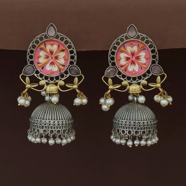 Kanakpriya Hand Painted Tri Glossy Pearl Jhumka