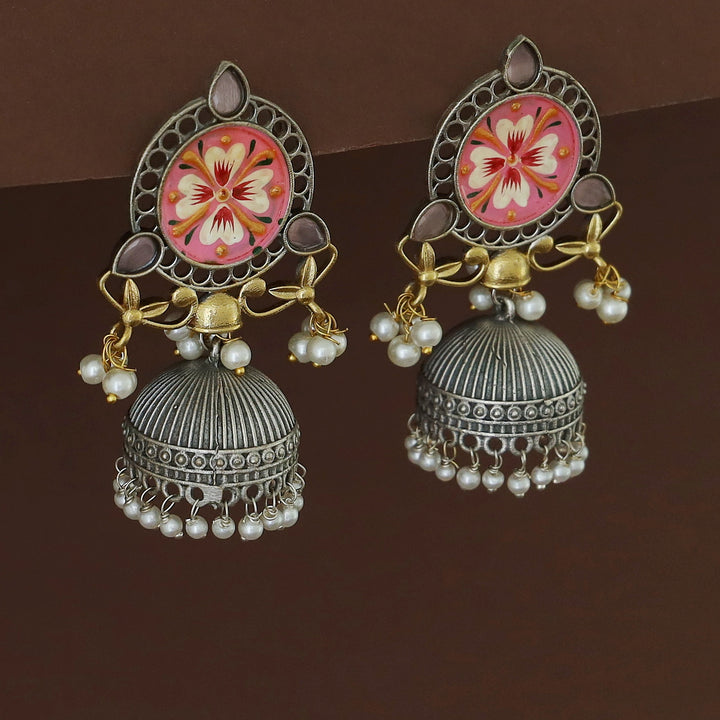 Kanakpriya Hand Painted Tri Glossy Pearl Jhumka